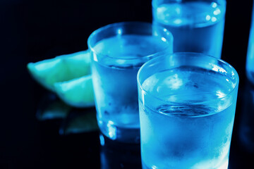 Shot glasses of vodka on dark background, closeup. Space for text