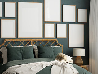 Gallery wall mockup, Frame mockup in modern bedroom interior, 3d render