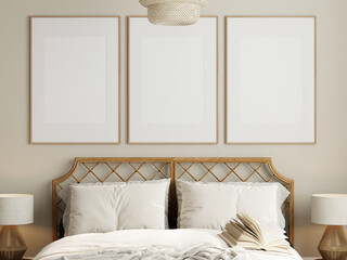 Fototapeta na wymiar Gallery wall mockup, Frame mockup in modern bedroom interior, 3d render