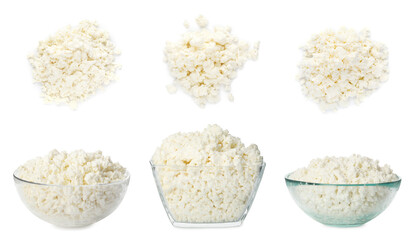 Collage with tasty cottage cheese on white background