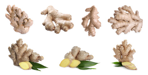 Collage with ripe ginger roots and leaves on white background