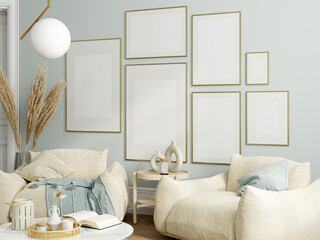 Frame mockup in modern living room interior, 3d render