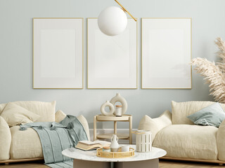 Frame mockup in modern living room interior, 3d render