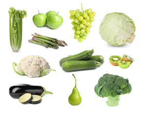Set with many different fruits and vegetables on white background
