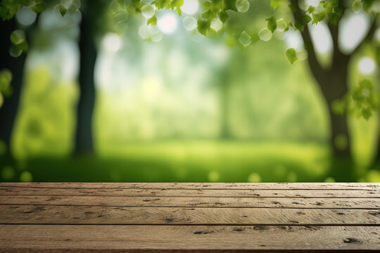 green background of nature, empty wooden deck table with a bokeh background in a spring or summer outdoor scene. Wooden montage of a shelf, counter, tabletop, and surface for food. Generative AI