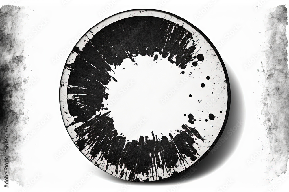 Poster Scratched Round Paper Peeled Sticker Stamp Mock Up in Black on White Background. Disc Ring Old Rough Black Empty Aged Damaged. Collage Shabby Grunge Overlay Texture. Generative AI