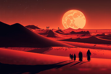 A digital illustration shows a group of locals walking over the Sahara desert while the moon is in the distance. Two people in red robes strolling over the African desert's dune mountains. Generative