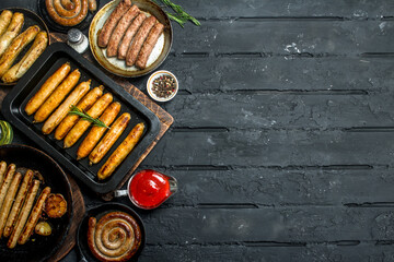 Assortment of different types of fried sausages.