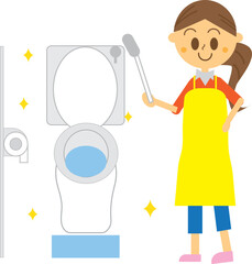 トイレを大掃除してピカピカにした女性のイラスト・ハウスクリーニング・家事・母親・家事代行