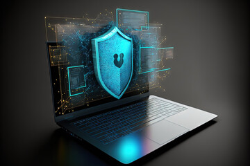 Computer on a laptop with the concepts of data protection, cyber security, information safety, and encryption. Internet business and technology concept, mockup with space for copy. Generative AI