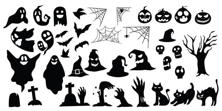 set of silhouettes of halloween party