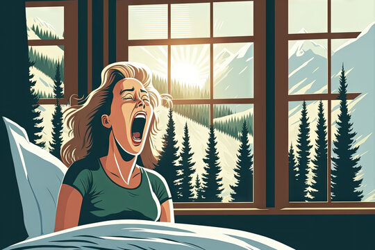 Woman yawning as she awakens in a country home or hotel with expansive windows amid a pine forest. Hello and welcome to the idea of recreation in nature. Generative AI