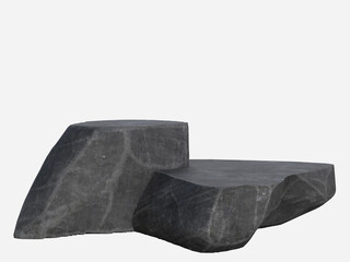 3D Black stone podium display. Natural rough grey rock step pedestal. Concept raw stone stand advertisement display product backdrop mountain