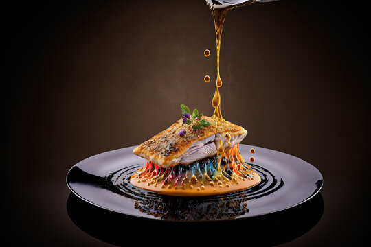 food fish meal exquisite chef lunch fillet eat on a plate against a black background with modern sauce. Generative AI