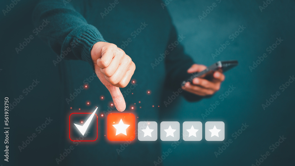 Poster man give negative reviews for customer satisfaction surveys. one star rating for testimonial, custom