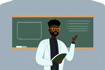 Young black male professor giving lecture in yellow glasses. Modern flat vector illustration concept, generative art