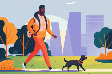 Black man walking dog in city park during winter. Flat vector illustration, generative art