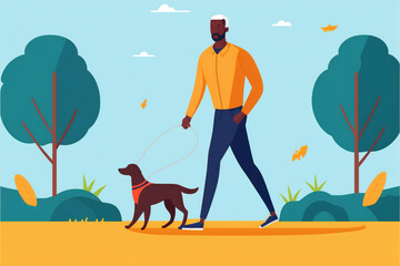 Fit black man walking dog in park autumn leaves falling. Flat vector illustration, generative art