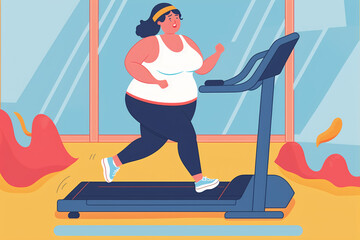 Plus-size woman running on treadmill exercising in gym, Flat vector illustration concept, generative art