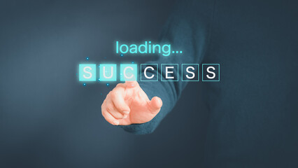 Fototapeta premium Adult man touching virtual screen loading bar with success text. Concept of goal, action plan, strategy and new year business vision. New start up business.