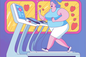 Plus-size woman running on gym with hearts in background, color pop, Flat vector illustration concept, generative art