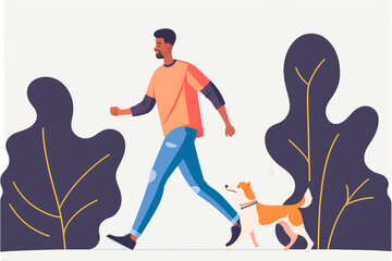 Black man walking dog in park trees in background. Flat vector illustration, generative art