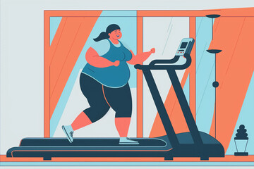 Plus-size woman running on treadmill in gym. Flat vector illustration concept, generative art, Abstract art background