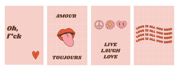 Set for Valentines day greeting card with inspirational slogan and funny romantic characters. Funky groovy hippie love posters. Abstract background in trendy retro 60s 70s style. Vector illustration.
