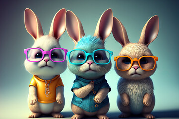 Fototapeta premium Glassed up bunny, wearing sunglasses, Hare wearing glasses the Easter bunny return to school, adorable animals in glasses. Generative AI
