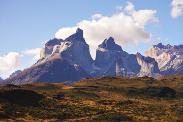view to Paine Horns or Cuernos del Paine in Torres del Paine National Park Chilean Patagonia