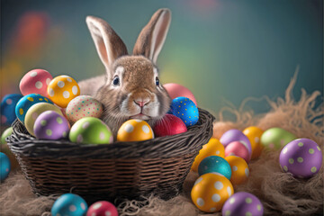 Fototapeta na wymiar Easter eggs and bunny in basket greeting celebrate in easter day. Generative AI