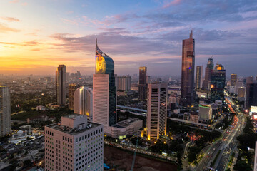 Jakarta Panoramic from Sudirman street view during the golden hour. Jakarta is capital city of...
