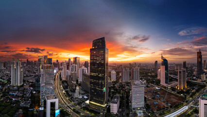 Fototapeta na wymiar Jakarta Panoramic from Sudirman street view during the golden hour. Jakarta is capital city of indonesia before it be moved to Kalimantan. 