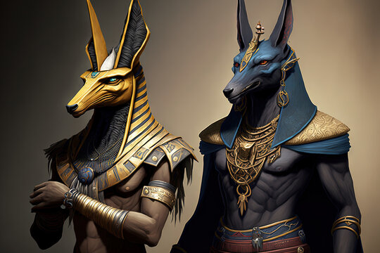 pictures of the Egyptian gods Anubis and Horus in the background. Generative AI