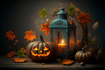 Scary halloween pumpkins on wooden planks.  Generative Ai.