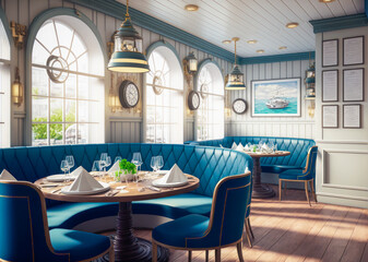 Nautical themed seafood restaurant interior. Generative AI