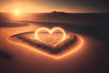 Fototapeta premium Valentines day on sunset beach. hearts drawn in sand,love concept. Generative Ai.