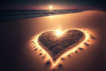 Valentines day on sunset beach. hearts drawn in sand,love concept.  Generative Ai.