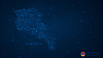 Map of Armenia modern design with polygonal shapes on dark blue background. Business wireframe mesh spheres from flying debris. Blue structure style vector illustration concept