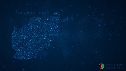 Fototapeta na wymiar Map of Afghanistan modern design with polygonal shapes on dark blue background. Business wireframe mesh spheres from flying debris. Blue structure style vector illustration concept