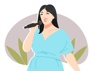 beautiful female singer illustration. holding microphone. Leaves background. concept of musician, profession, hobby, music, art. For print, sticker, poster. vector illustration. flat style.