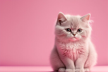 Fluffy adult cat isolated on a pink background.  Generative Ai.