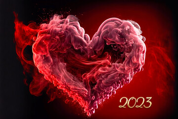 February 14, 2023 Valentines Day.  Red smoke and fire on a black background, in the shape of a heart.  Created by digital art. Room for words.