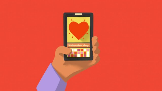 animation of a hand holding a cell phone liking something in the shape of a heart moving like it