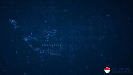 Fototapeta na wymiar Map of Indonesia modern design with polygonal shapes on dark blue background. Business wireframe mesh spheres from flying debris. Blue structure style vector illustration concept