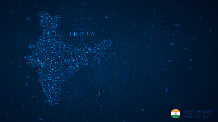 Fototapeta na wymiar Map of India modern design with polygonal shapes on dark blue background. Business wireframe mesh spheres from flying debris. Blue structure style vector illustration concept