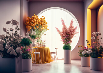 Florist shop interior, large round window light. Generative AI