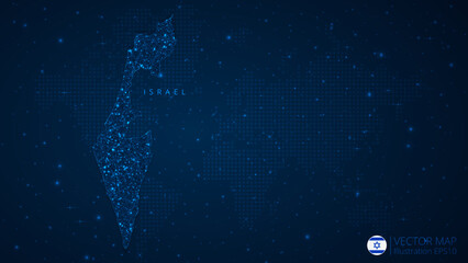 Fototapeta na wymiar Map of Israel modern design with polygonal shapes on dark blue background. Business wireframe mesh spheres from flying debris. Blue structure style vector illustration concept