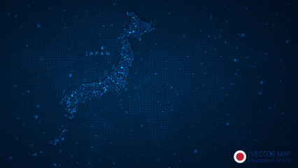 Map of Japan modern design with polygonal shapes on dark blue background. Business wireframe mesh spheres from flying debris. Blue structure style vector illustration concept