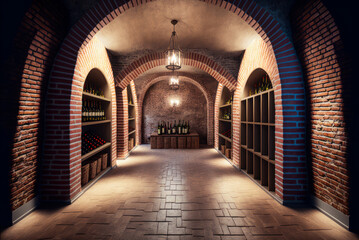 Fototapeta premium Wine cellar interior, underground, brick vault arches. Generative AI